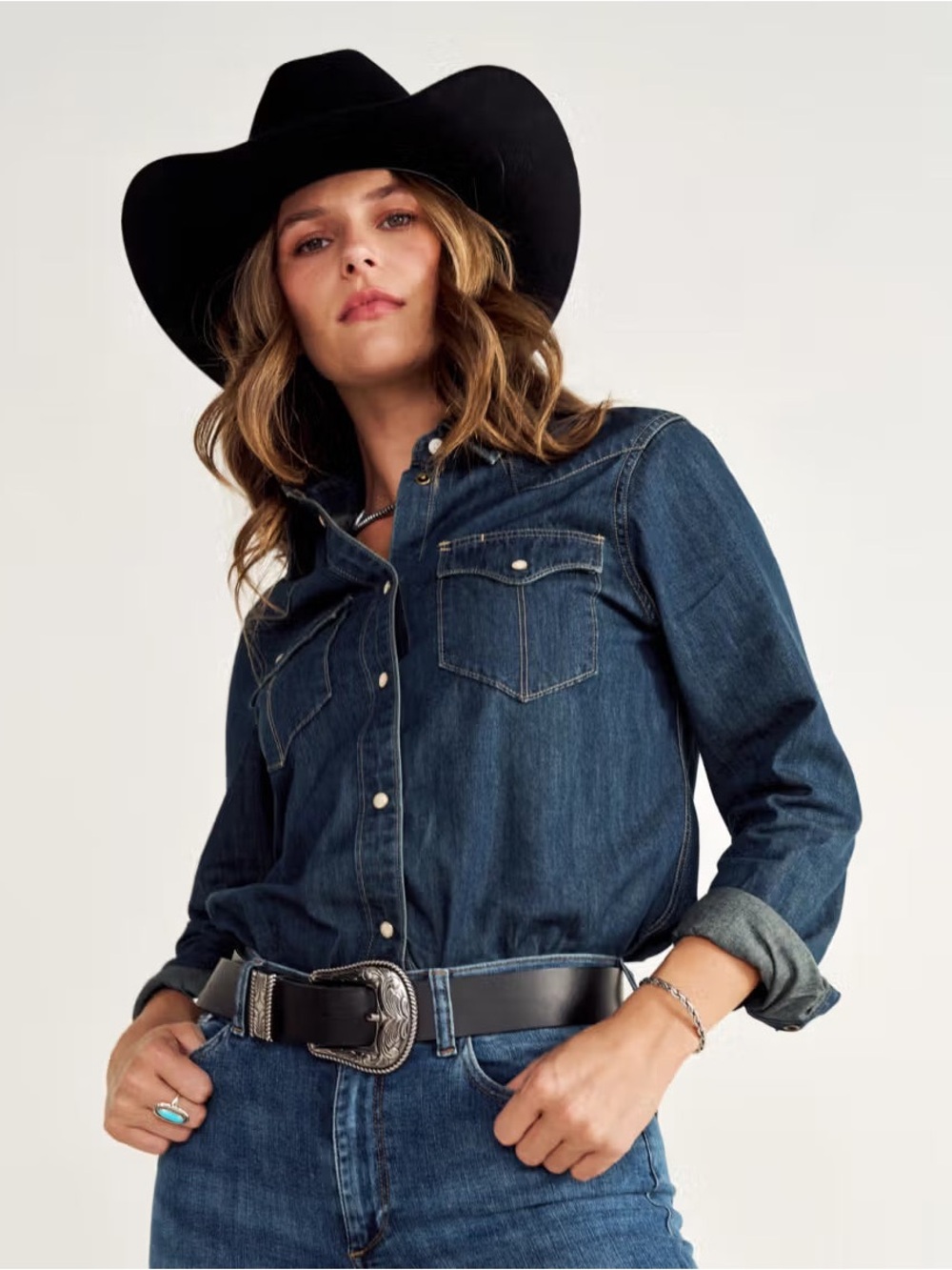 Tecovas Women's Denim Pearl Snap Shirt XXL